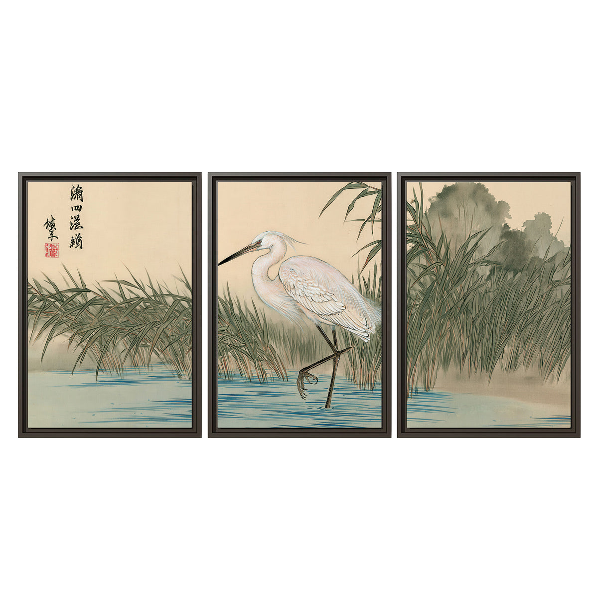 A white heron standing beside a quiet river with reeds and distant hills 3 piece framed canvas wall art viewed straight on