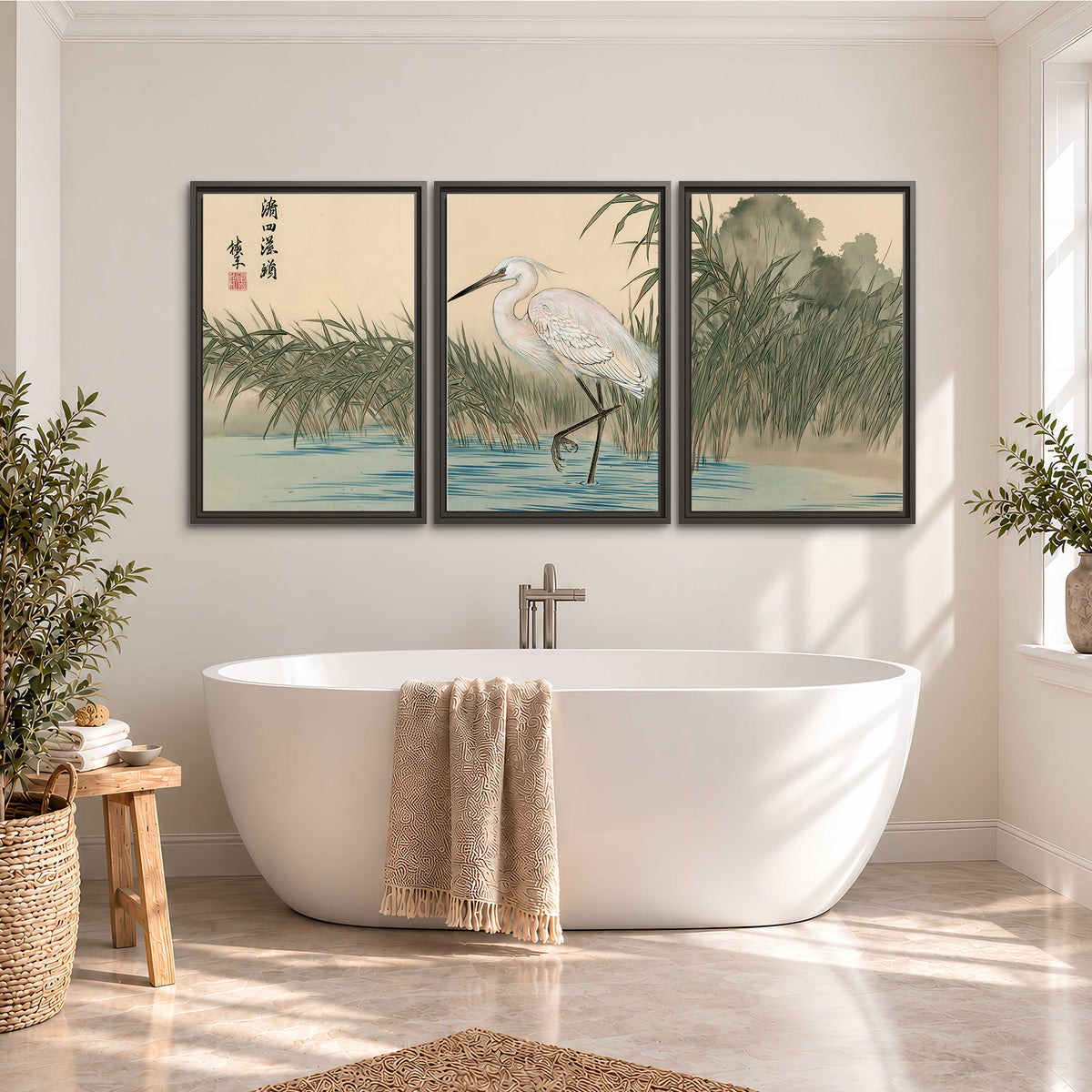 A white heron standing beside a quiet river with reeds and distant hills 3 piece framed canvas wall art styled in an interior