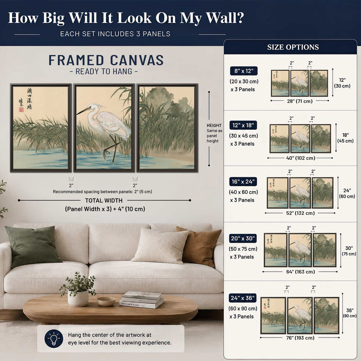 A white heron standing beside a quiet river with reeds and distant hills 3 piece framed canvas wall art size guide above a sofa; room view is illustrative