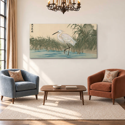 A white heron standing beside a quiet river with reeds and distant hills single canvas wall art styled in an interior