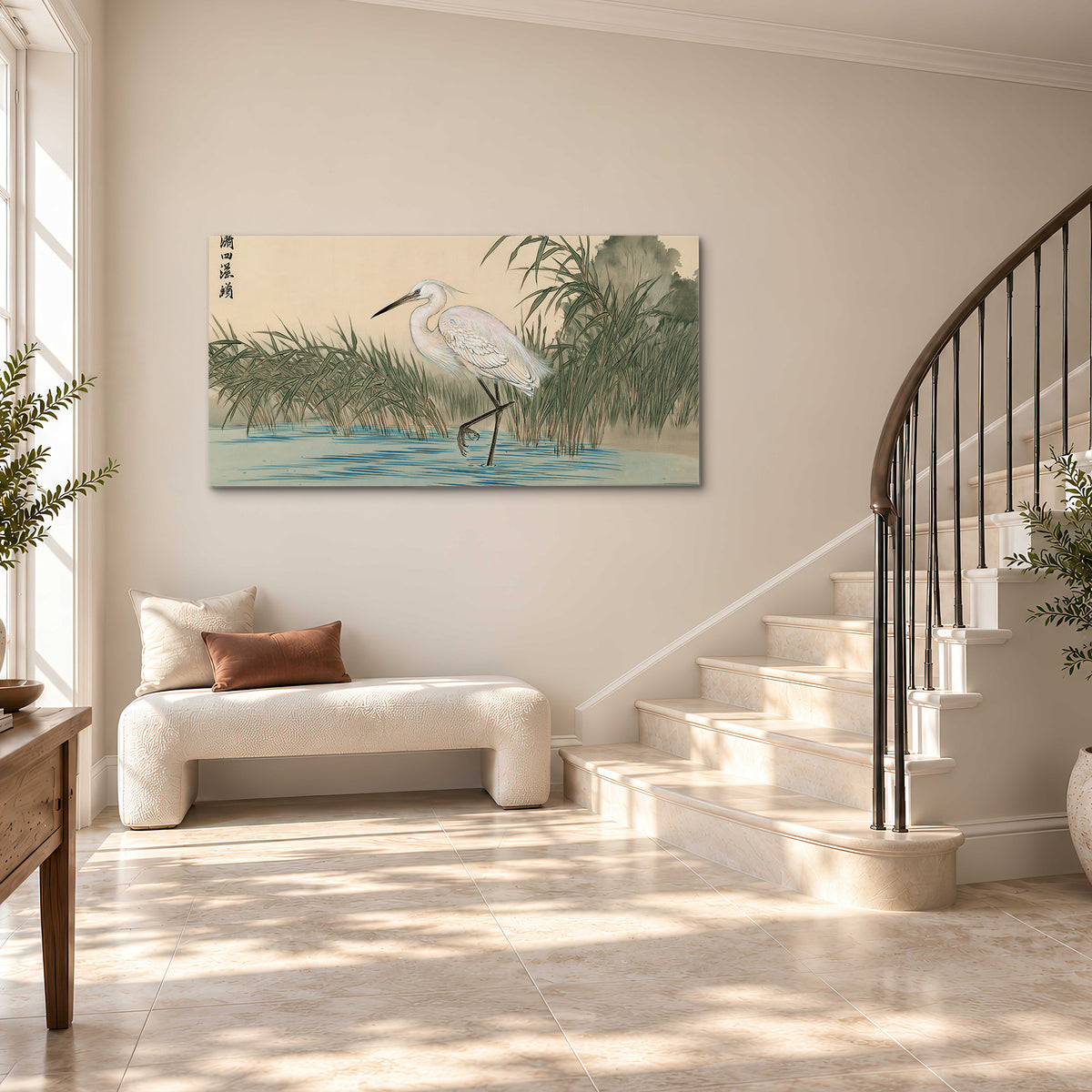 A white heron standing beside a quiet river with reeds and distant hills single canvas wall art styled in an interior