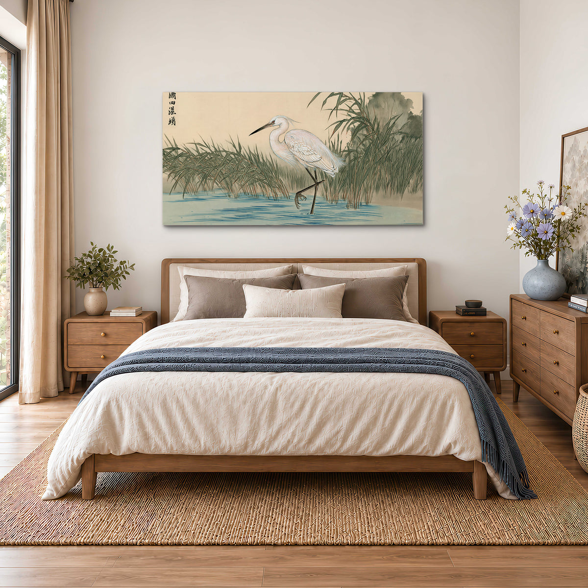A white heron standing beside a quiet river with reeds and distant hills single canvas wall art styled in an interior
