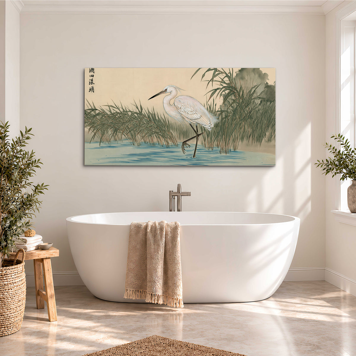 A white heron standing beside a quiet river with reeds and distant hills single canvas wall art styled in an interior