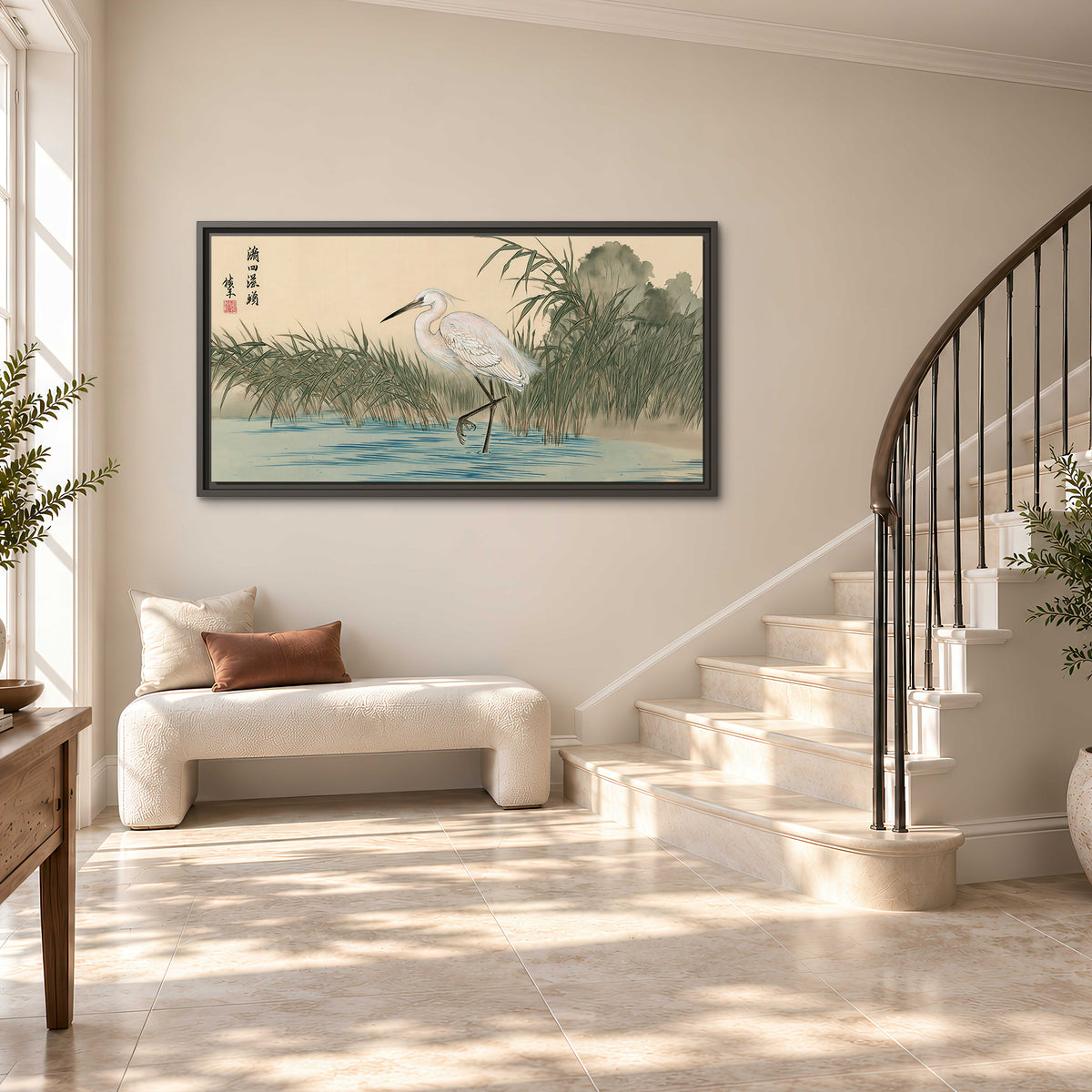 A white heron standing beside a quiet river with reeds and distant hills single framed canvas wall art styled in an interior