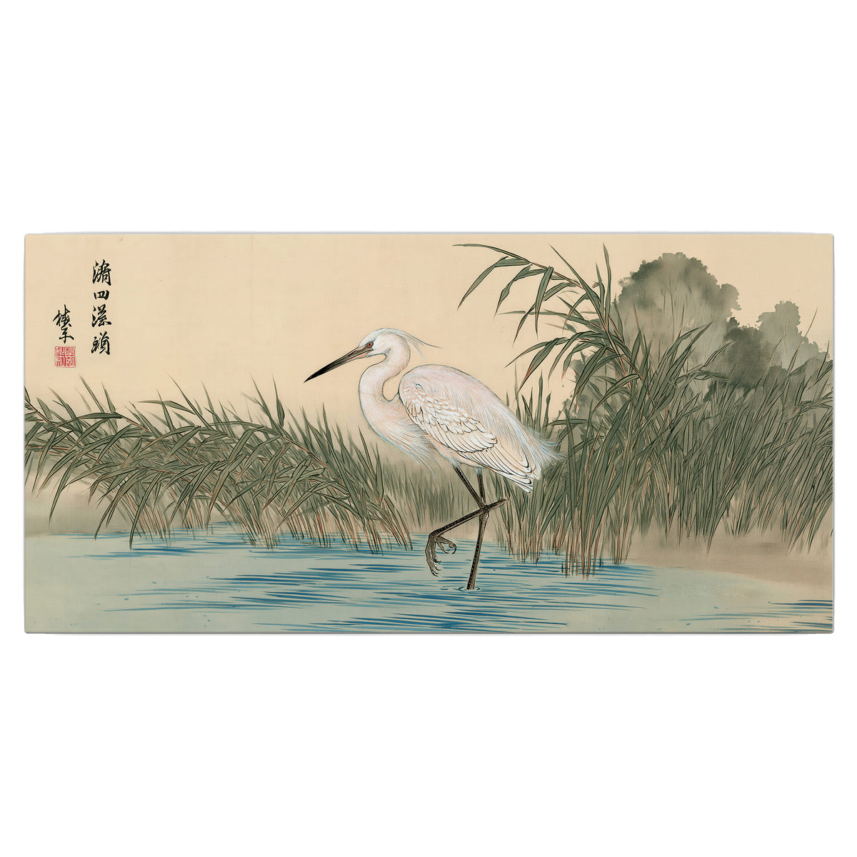 A white heron standing beside a quiet river with reeds and distant hills single canvas wall art viewed straight on