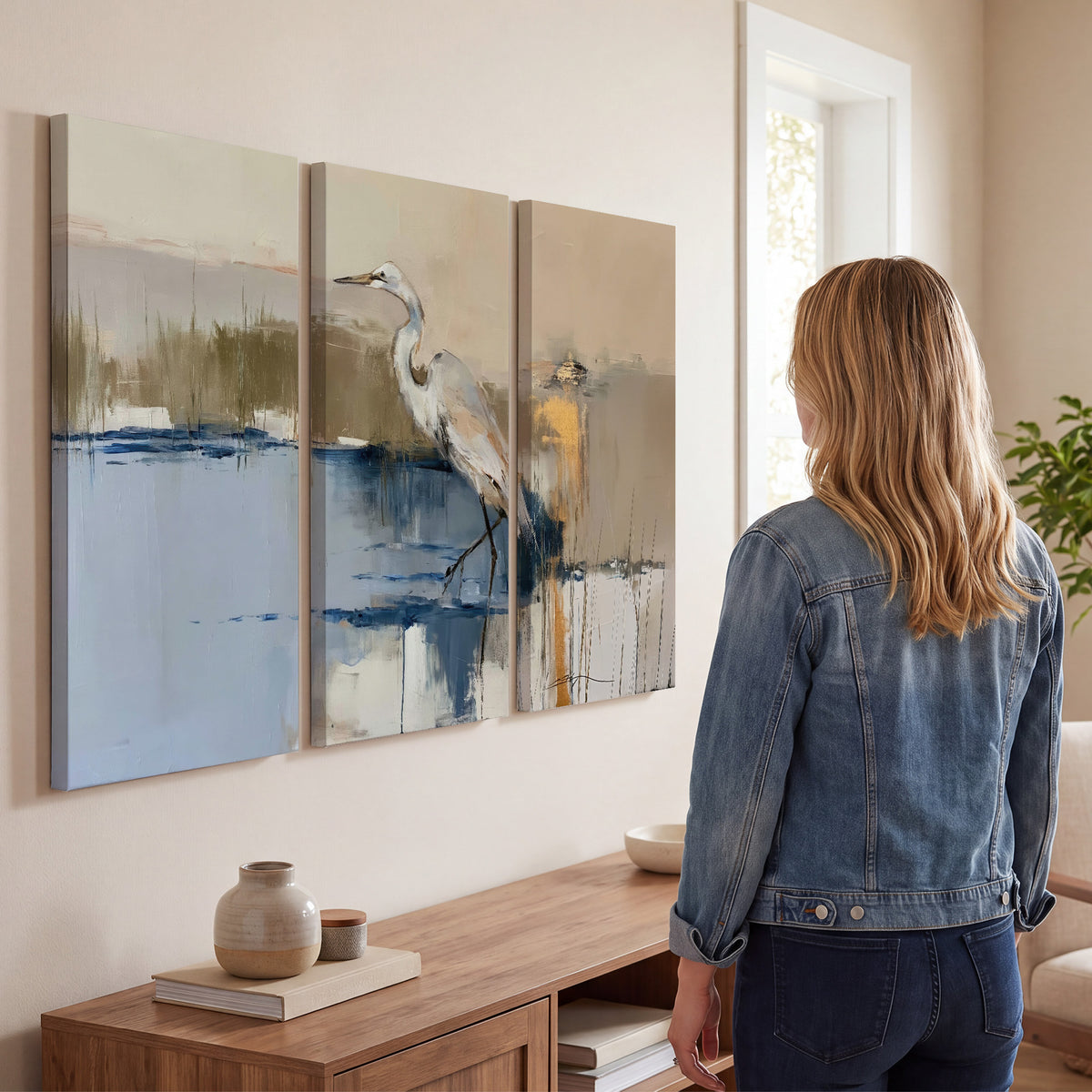 A slender heron standing in blue water among loose ochre and cream brushstrokes 3 piece canvas wall art three panel arrangement on a wall