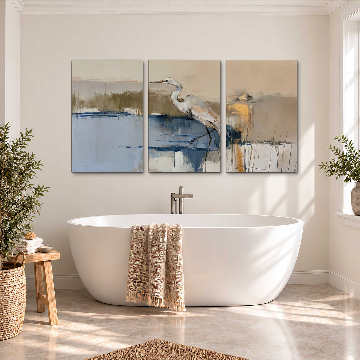 A slender heron standing in blue water among loose ochre and cream brushstrokes 3 piece canvas wall art styled in an interior