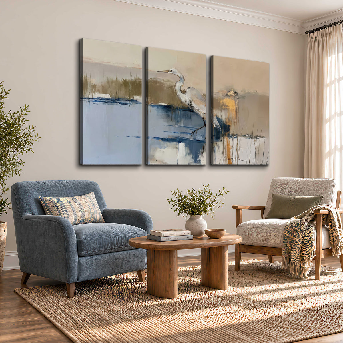 A slender heron standing in blue water among loose ochre and cream brushstrokes 3 piece canvas wall art styled in an interior
