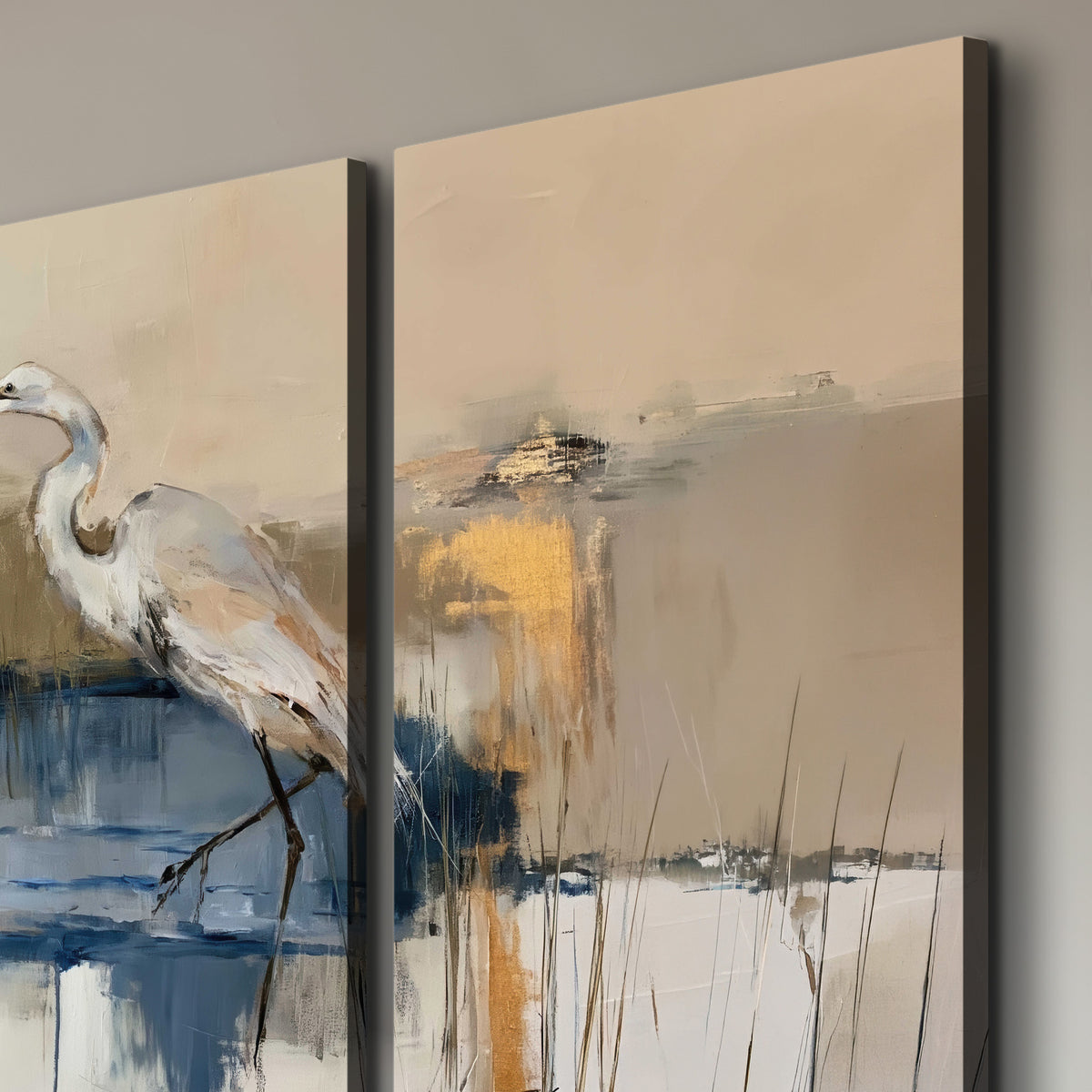 A slender heron standing in blue water among loose ochre and cream brushstrokes 3 piece canvas wall art room and product view