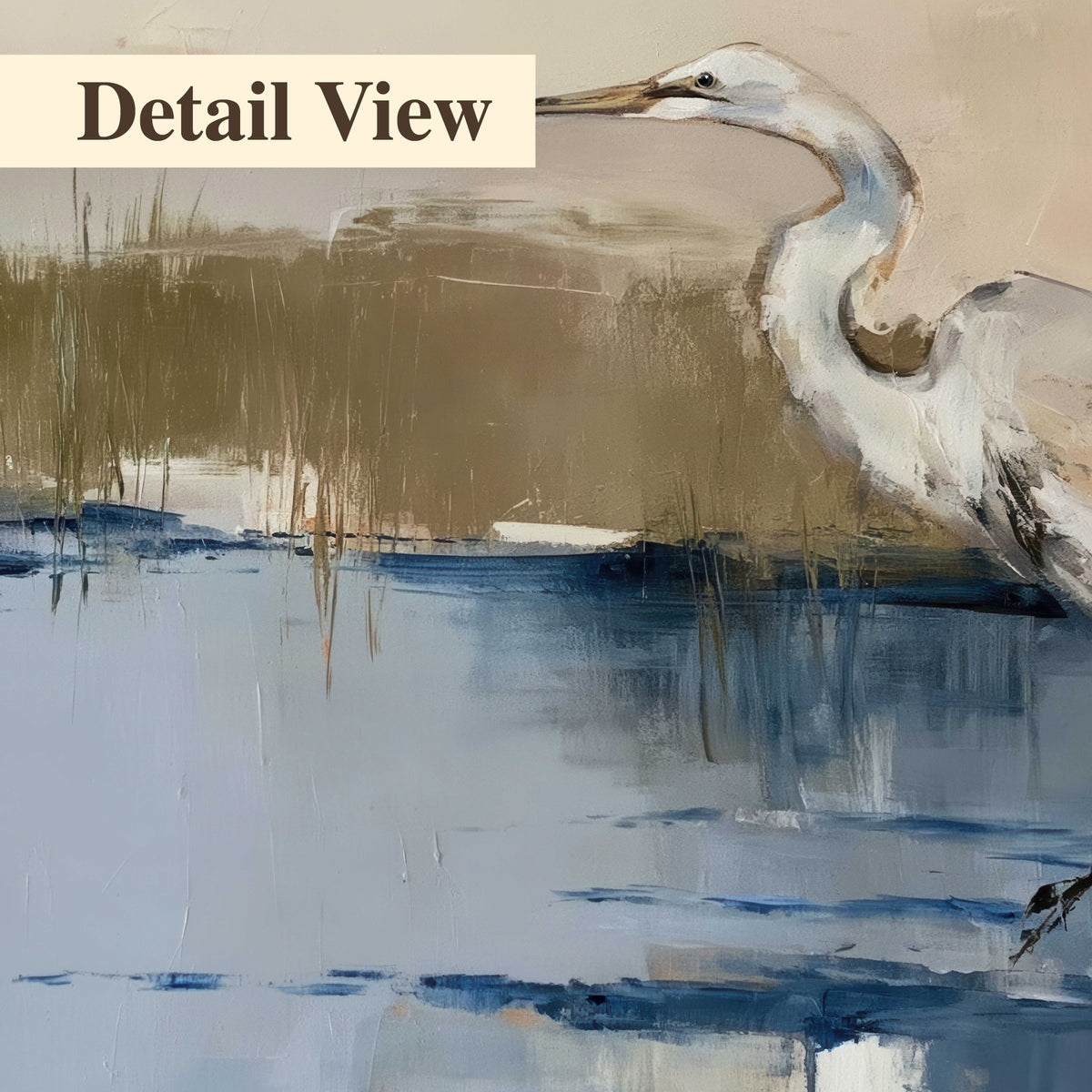 A slender heron standing in blue water among loose ochre and cream brushstrokes 3 piece canvas wall art artwork detail close up