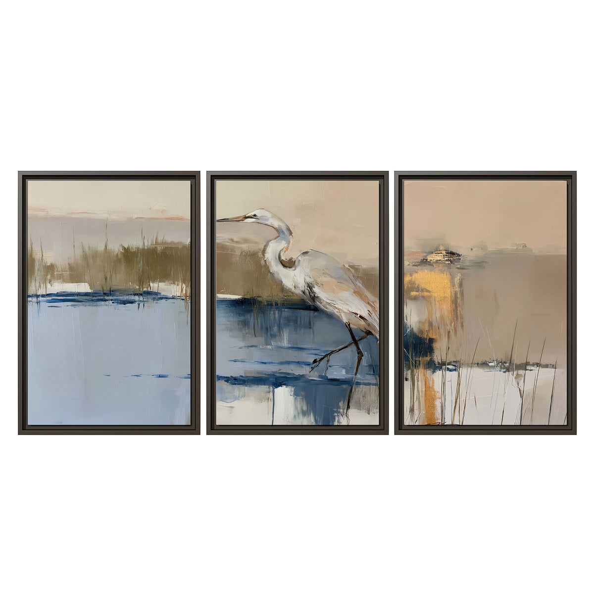 A slender heron standing in blue water among loose ochre and cream brushstrokes 3 piece framed canvas wall art viewed straight on