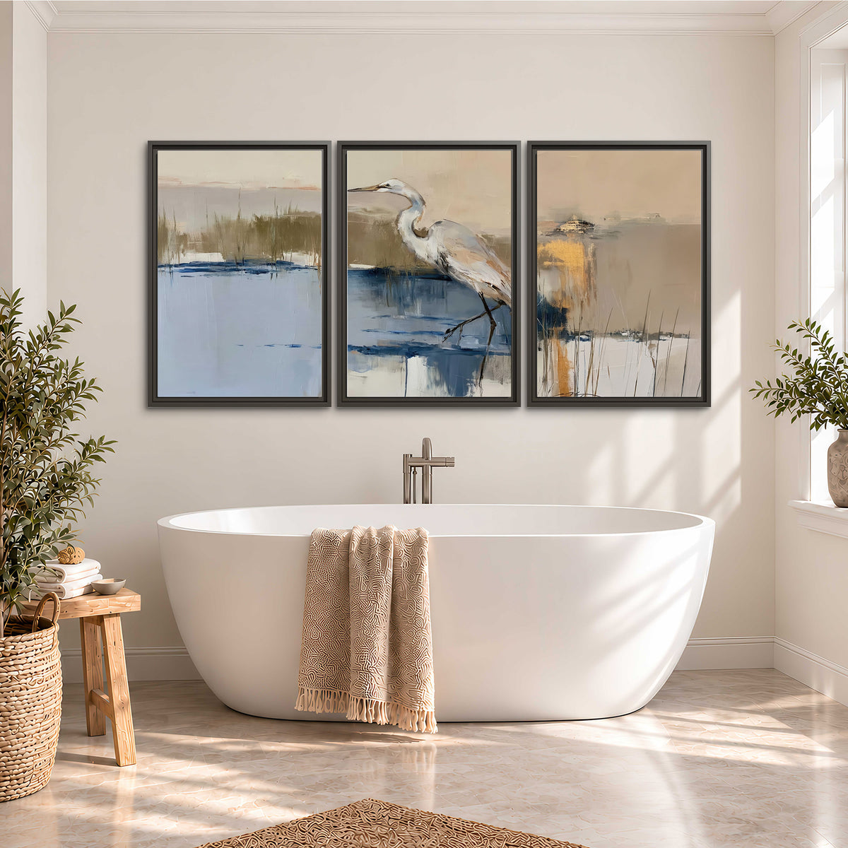 A slender heron standing in blue water among loose ochre and cream brushstrokes 3 piece framed canvas wall art styled in an interior