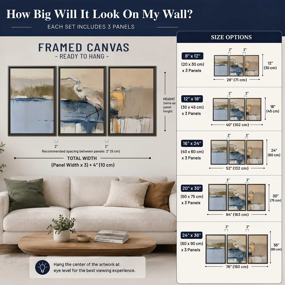 A slender heron standing in blue water among loose ochre and cream brushstrokes 3 piece framed canvas wall art size guide above a sofa; room view is illustrative