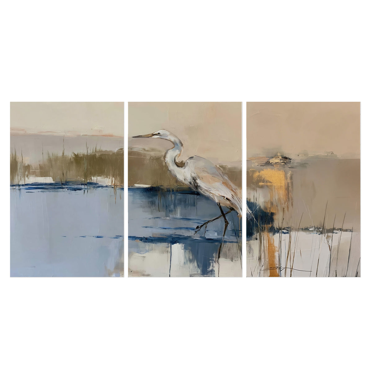 A slender heron standing in blue water among loose ochre and cream brushstrokes set of 3 poster prints viewed straight on