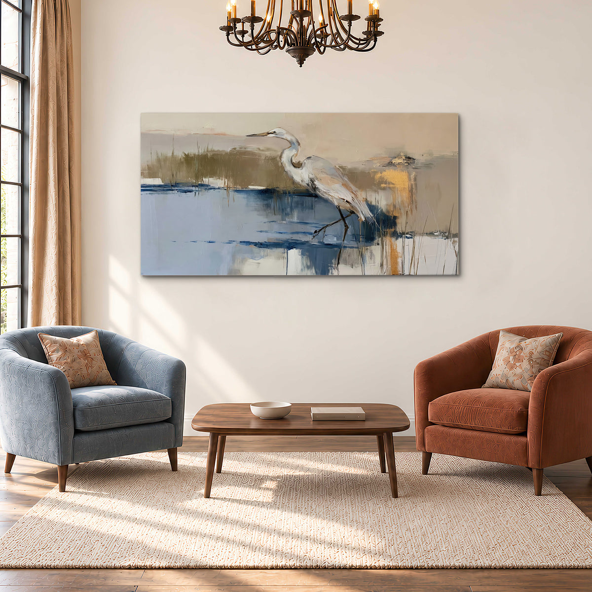 A slender heron standing in blue water among loose ochre and cream brushstrokes single canvas wall art styled in an interior