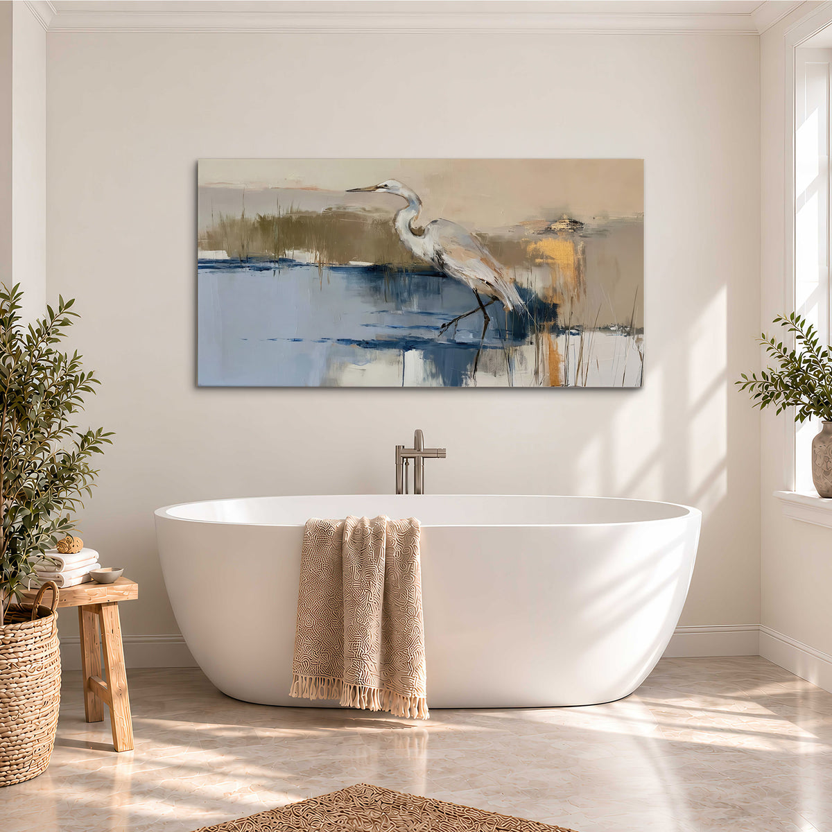 A slender heron standing in blue water among loose ochre and cream brushstrokes single canvas wall art styled in an interior