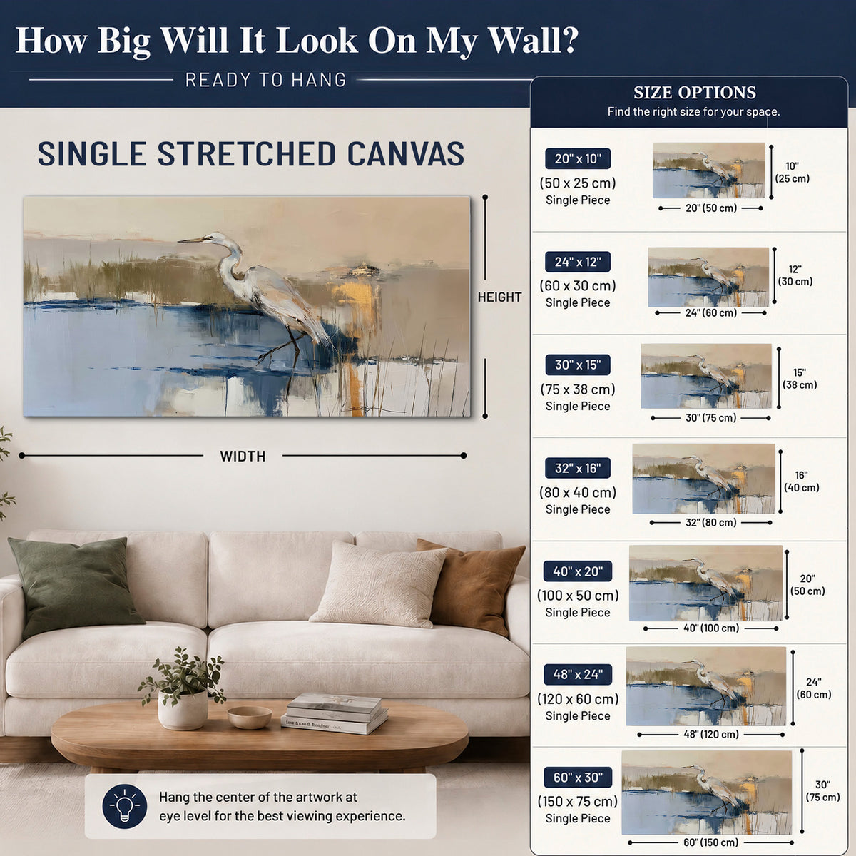 A slender heron standing in blue water among loose ochre and cream brushstrokes single canvas wall art size guide above a sofa; room view is illustrative