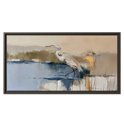 A slender heron standing in blue water among loose ochre and cream brushstrokes single framed canvas wall art viewed straight on