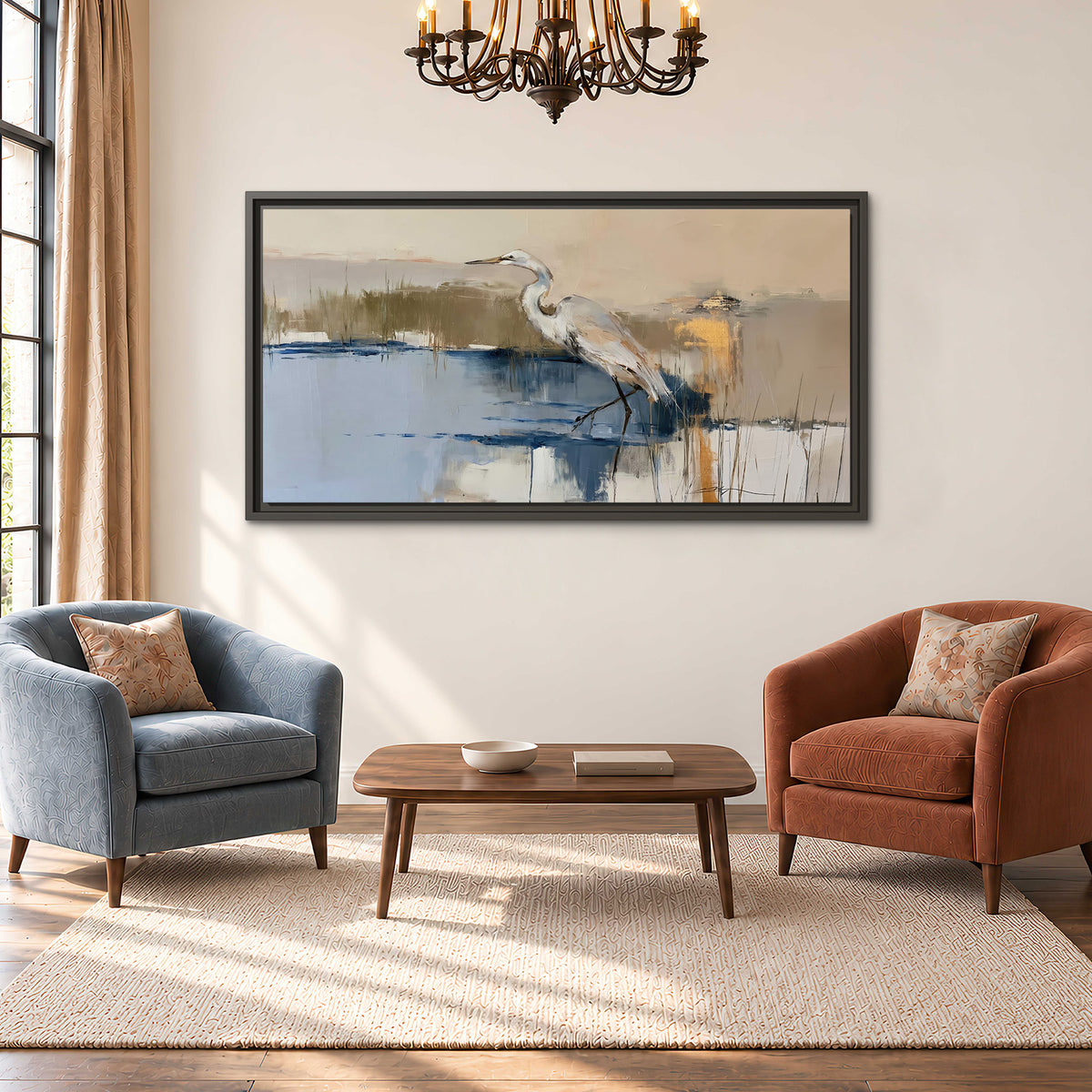 A slender heron standing in blue water among loose ochre and cream brushstrokes single framed canvas wall art styled in an interior