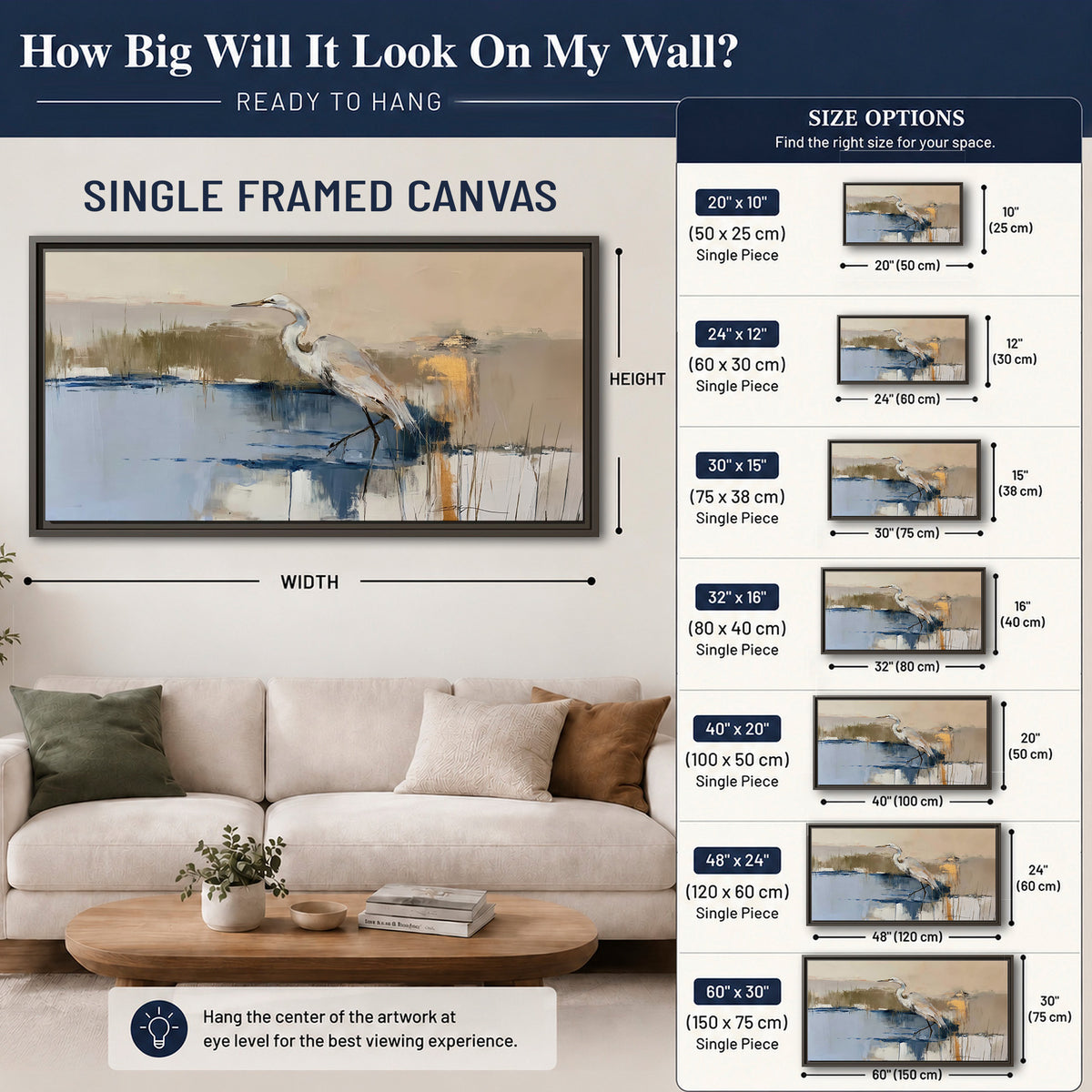A slender heron standing in blue water among loose ochre and cream brushstrokes single framed canvas wall art size guide above a sofa; room view is illustrative