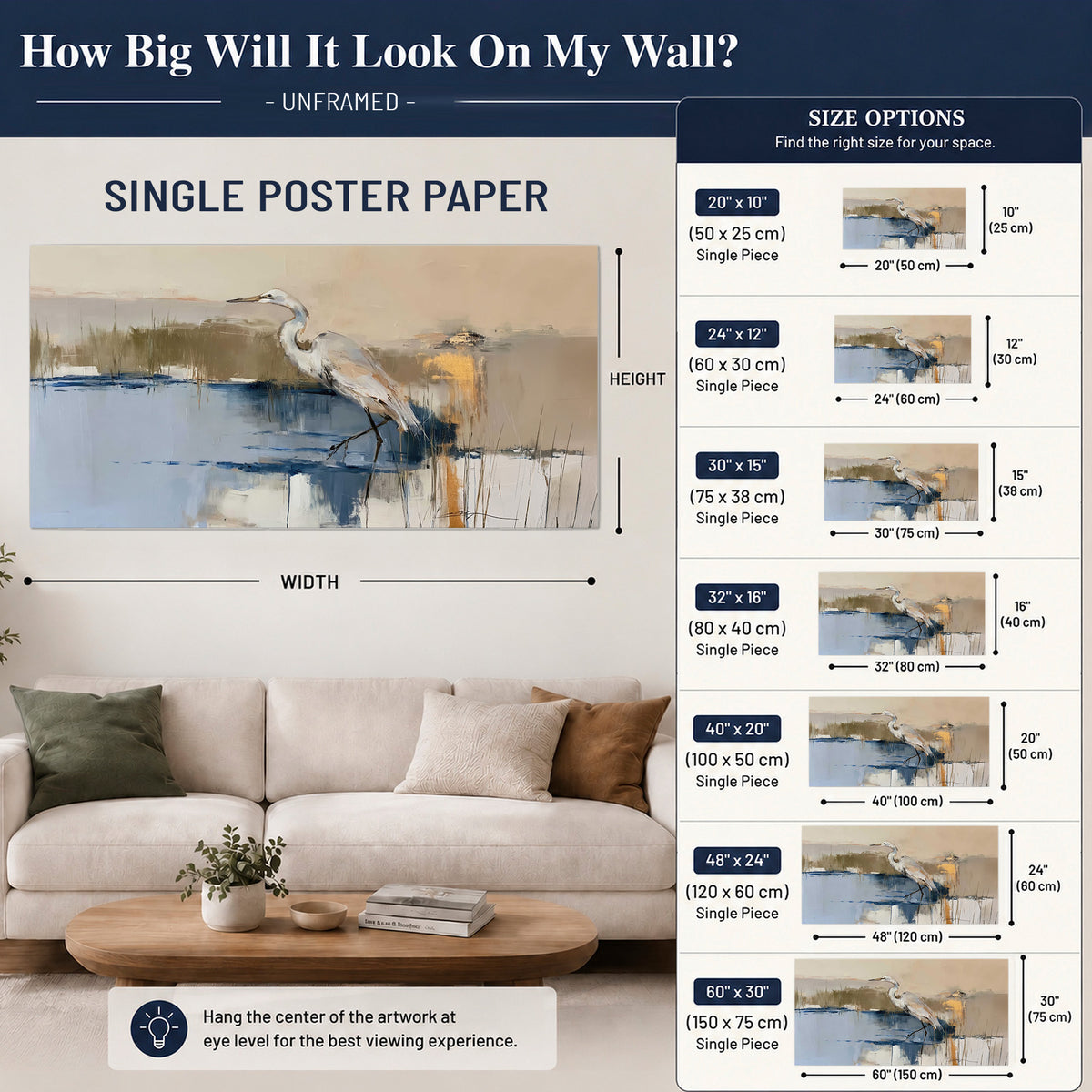 A slender heron standing in blue water among loose ochre and cream brushstrokes single poster print size guide above a sofa; room view is illustrative