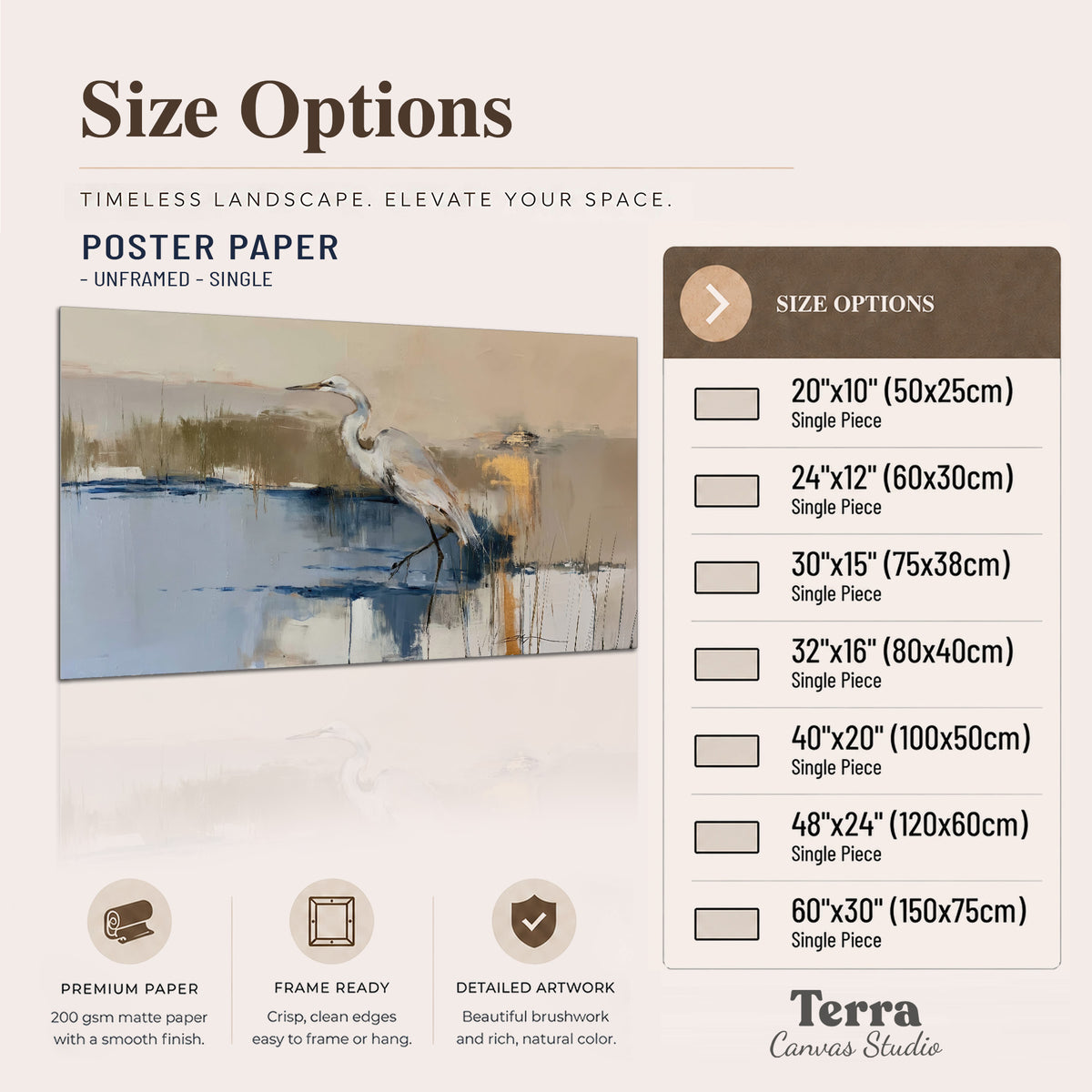 A slender heron standing in blue water among loose ochre and cream brushstrokes single poster print available dimensions