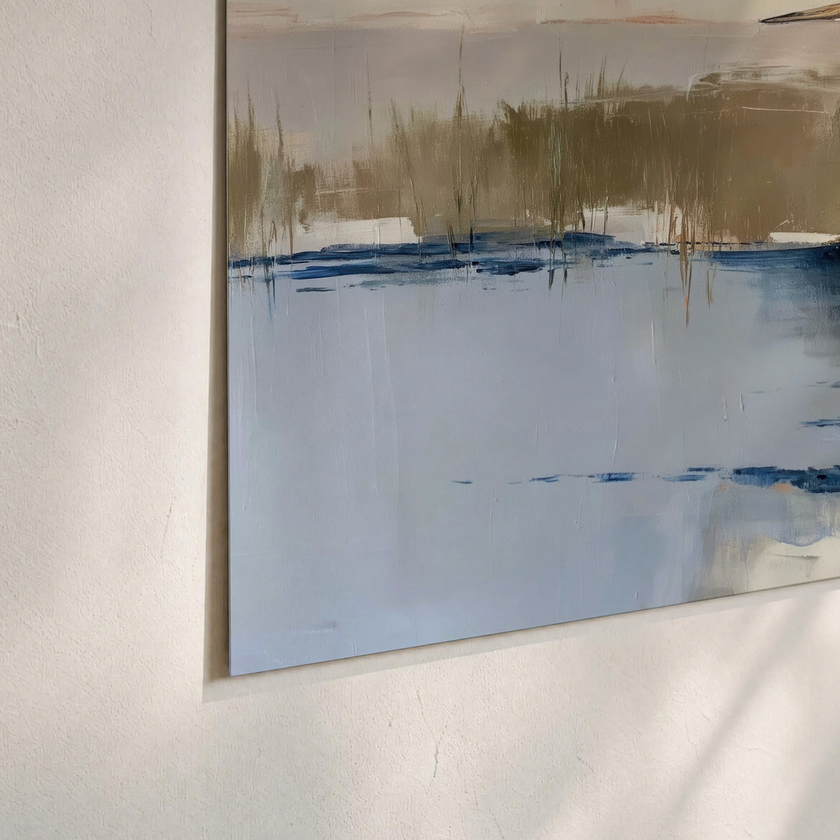 A slender heron standing in blue water among loose ochre and cream brushstrokes set of 3 poster prints material and edge close up