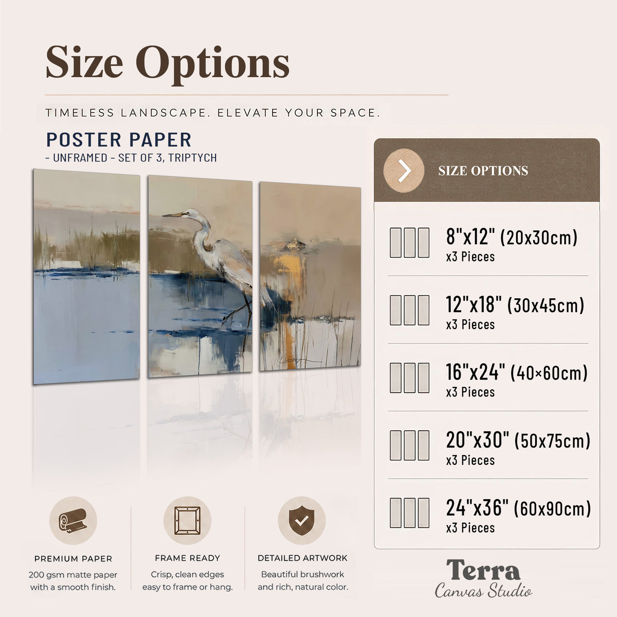 A slender heron standing in blue water among loose ochre and cream brushstrokes set of 3 poster prints available dimensions; triptych dimensions are per panel