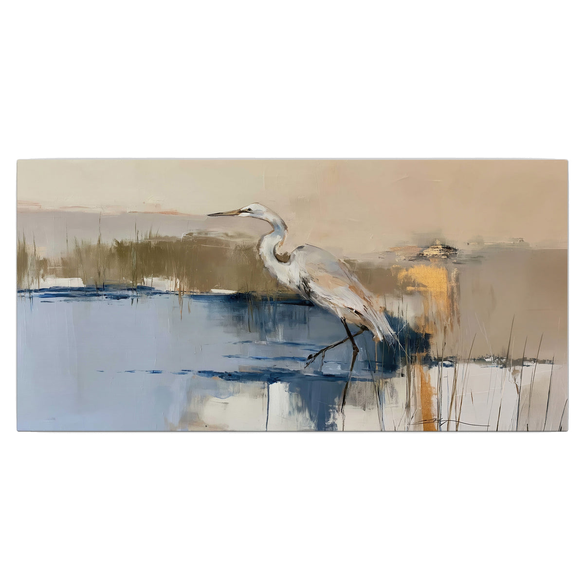 A slender heron standing in blue water among loose ochre and cream brushstrokes single canvas wall art viewed straight on