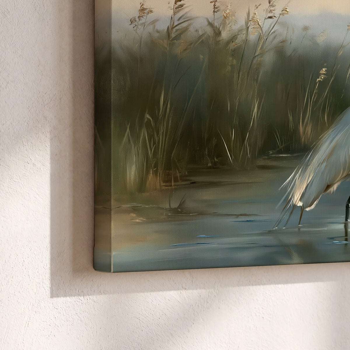 A white heron beside tall marsh grasses and still blue water 3 piece canvas wall art material and edge close up