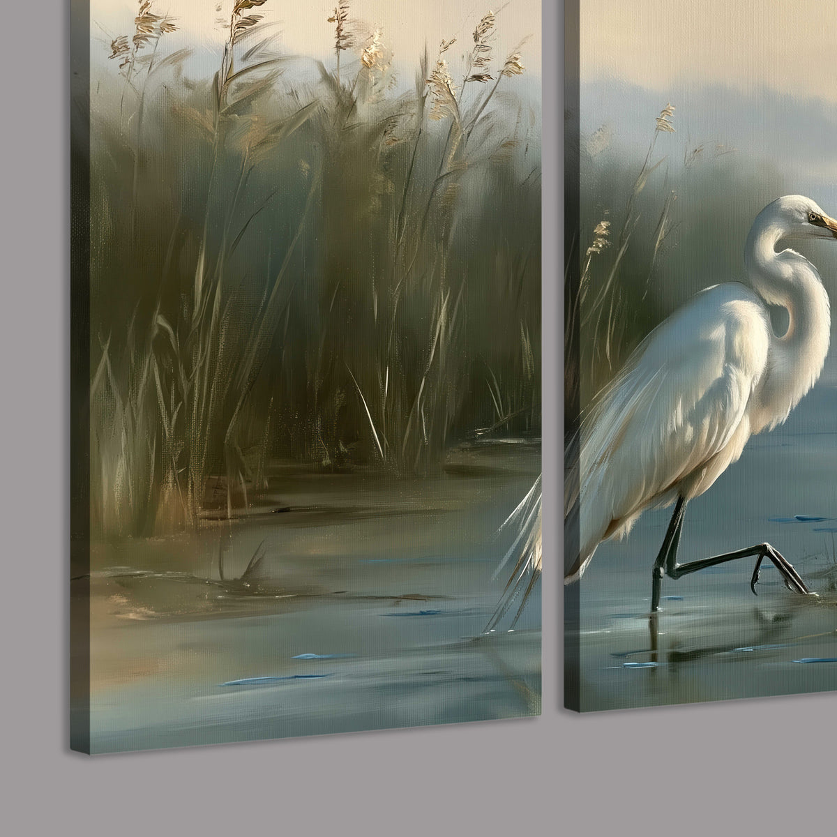 A white heron beside tall marsh grasses and still blue water 3 piece canvas wall art room and product view