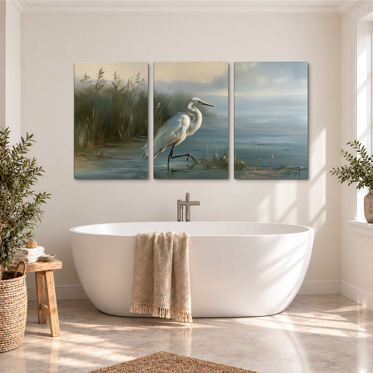 A white heron beside tall marsh grasses and still blue water 3 piece canvas wall art styled in an interior