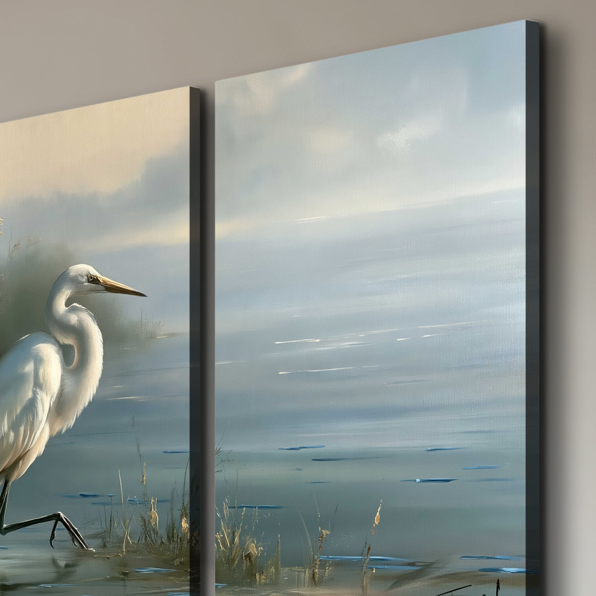 A white heron beside tall marsh grasses and still blue water 3 piece canvas wall art room and product view