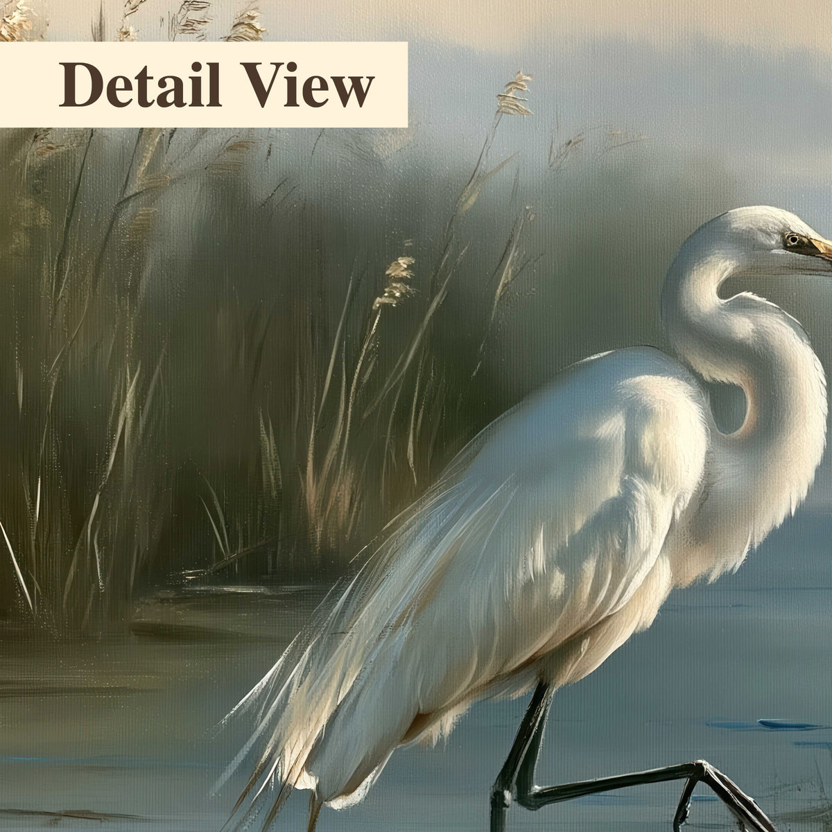 A white heron beside tall marsh grasses and still blue water 3 piece canvas wall art artwork detail close up