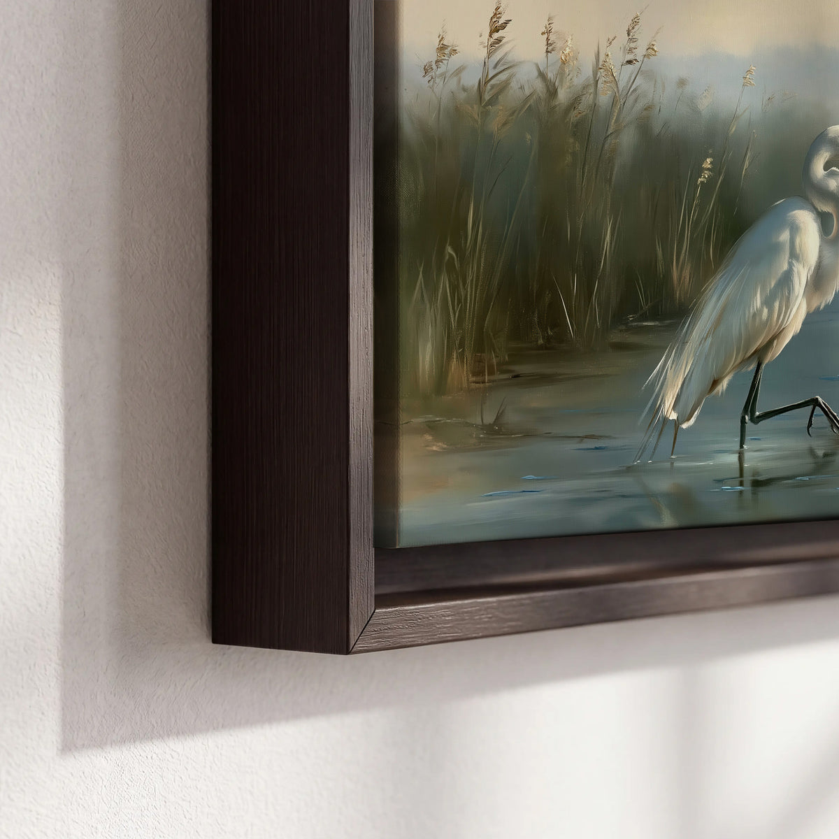 A white heron beside tall marsh grasses and still blue water 3 piece framed canvas wall art material and edge close up