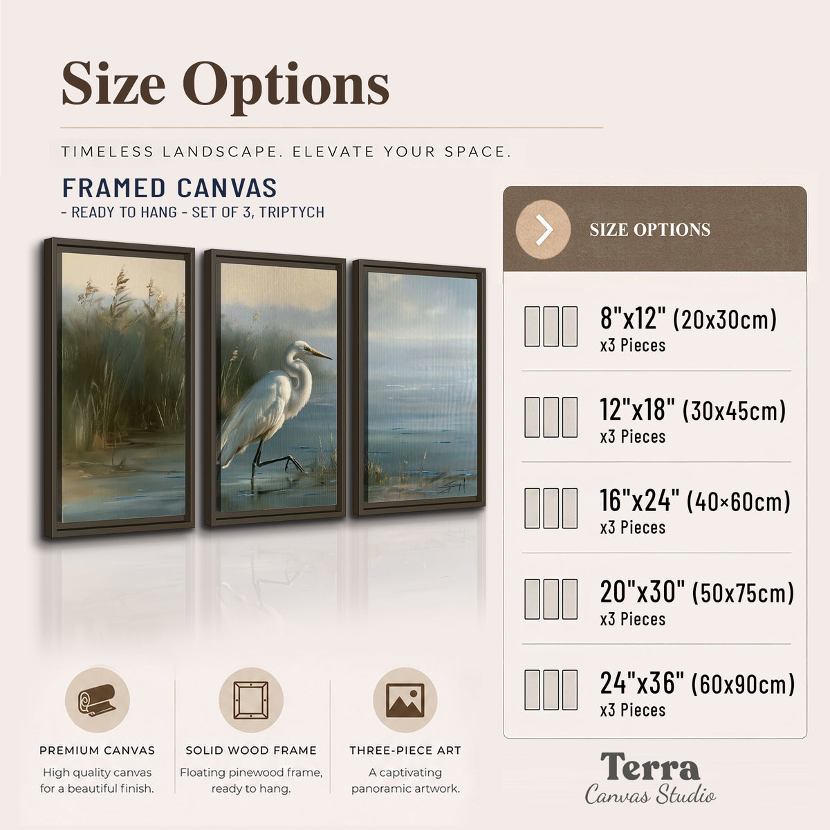 A white heron beside tall marsh grasses and still blue water 3 piece framed canvas wall art available dimensions; triptych dimensions are per panel