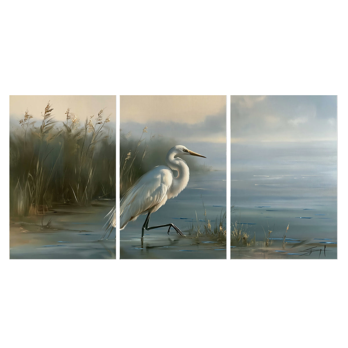 A white heron beside tall marsh grasses and still blue water set of 3 poster prints viewed straight on