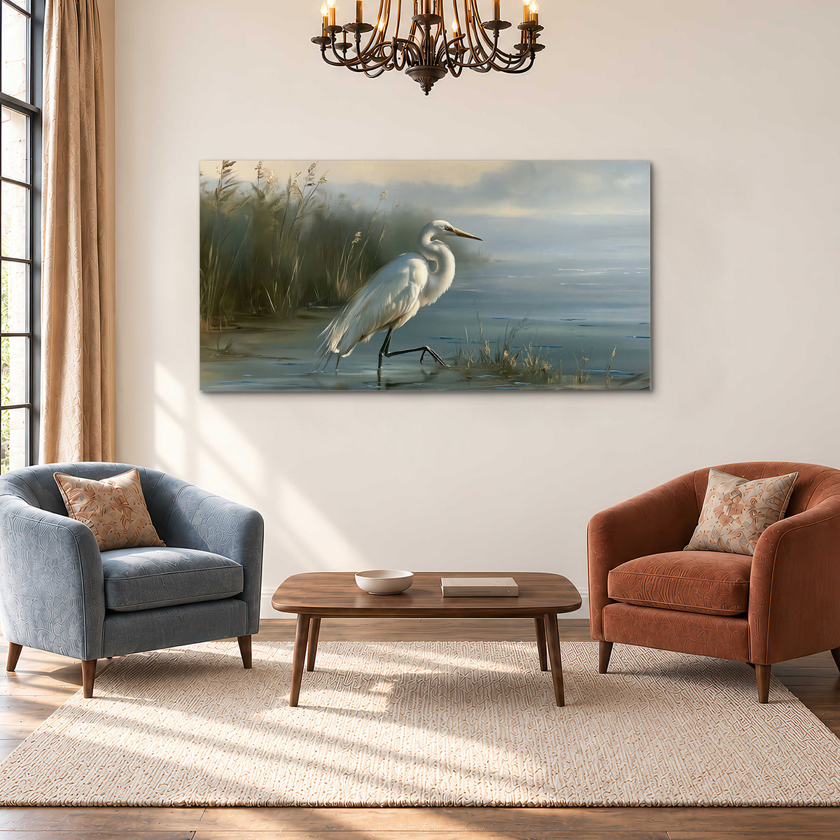 A white heron beside tall marsh grasses and still blue water single canvas wall art styled in an interior