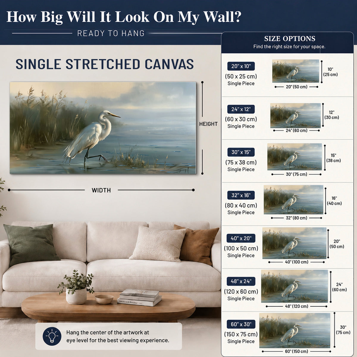 A white heron beside tall marsh grasses and still blue water single canvas wall art size guide above a sofa; room view is illustrative