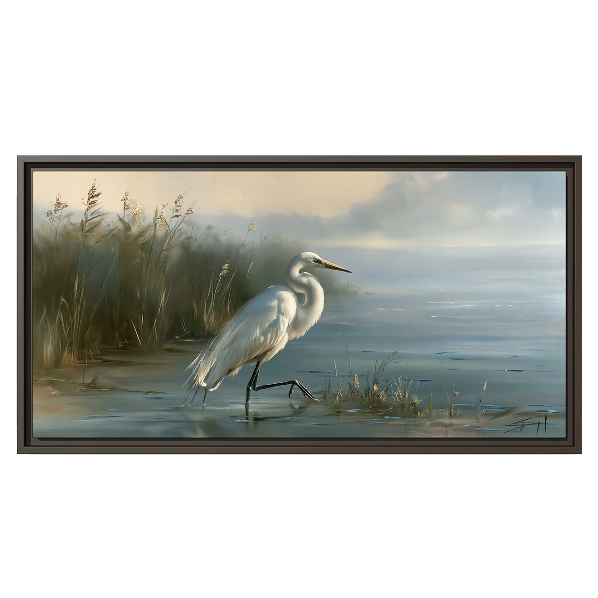 A white heron beside tall marsh grasses and still blue water single framed canvas wall art viewed straight on