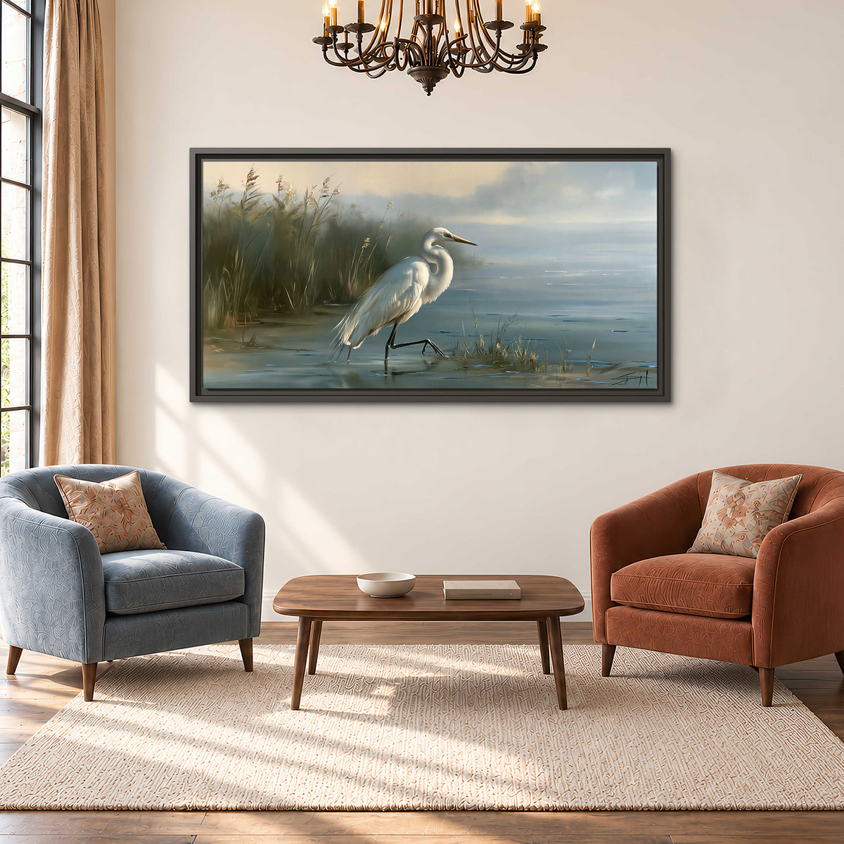A white heron beside tall marsh grasses and still blue water single framed canvas wall art styled in an interior