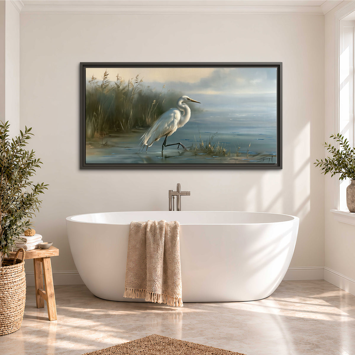 A white heron beside tall marsh grasses and still blue water single framed canvas wall art styled in an interior