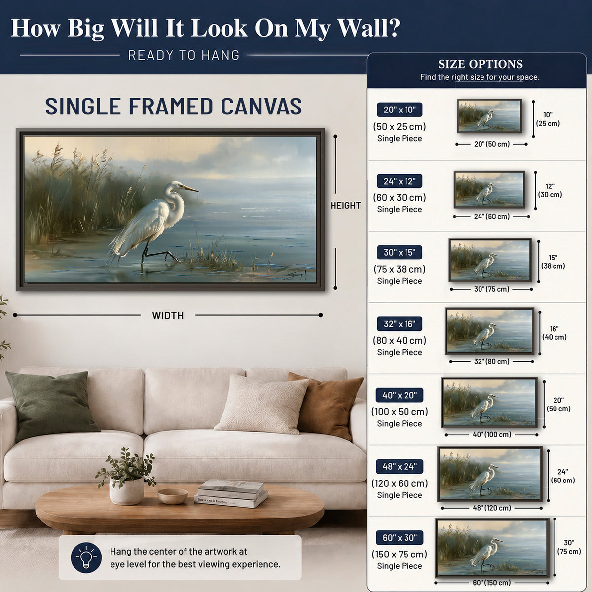 A white heron beside tall marsh grasses and still blue water single framed canvas wall art size guide above a sofa; room view is illustrative