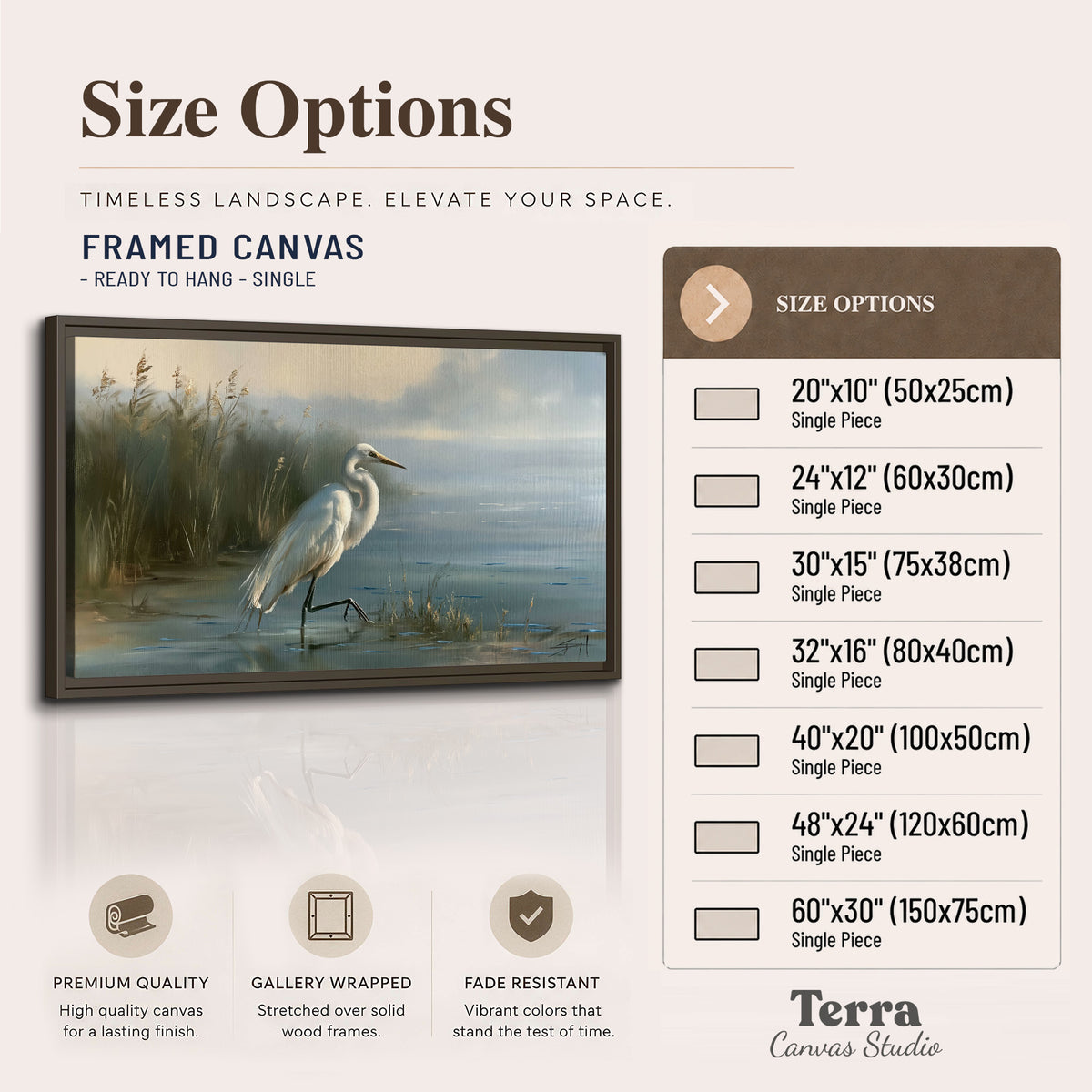 A white heron beside tall marsh grasses and still blue water single framed canvas wall art available dimensions