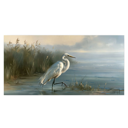 A white heron beside tall marsh grasses and still blue water single poster print viewed straight on