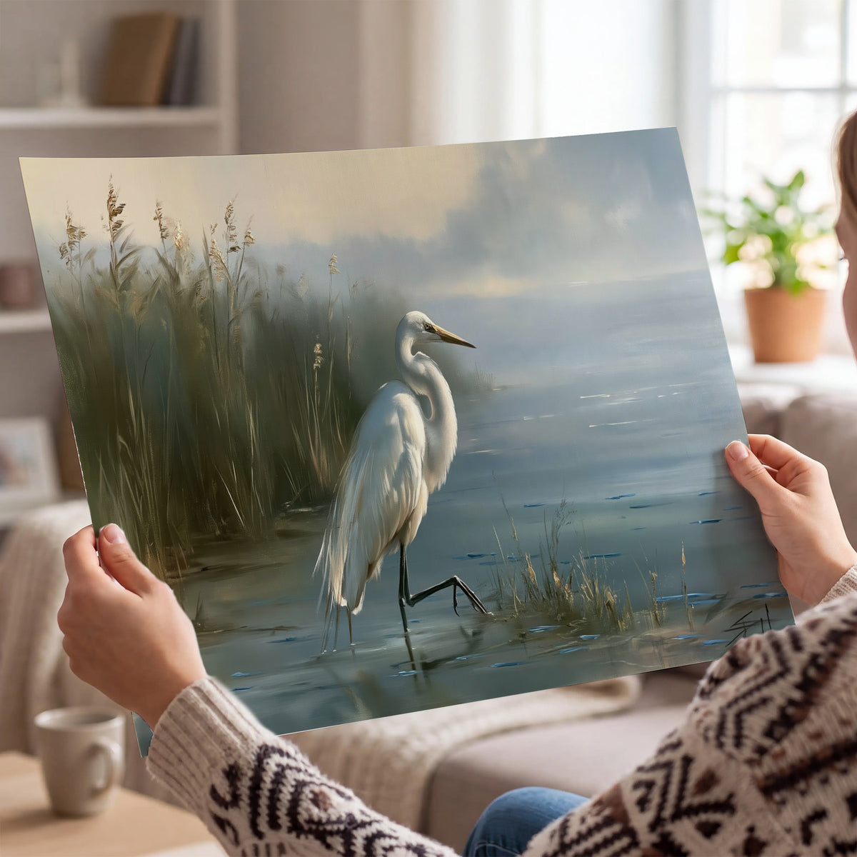 A white heron beside tall marsh grasses and still blue water single poster print held in hands