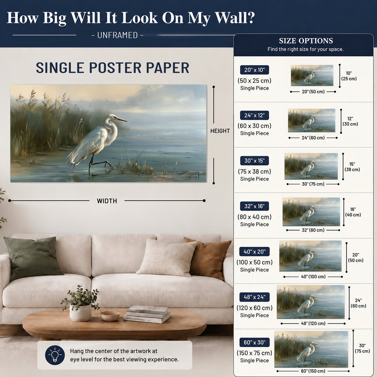 A white heron beside tall marsh grasses and still blue water single poster print size guide above a sofa; room view is illustrative