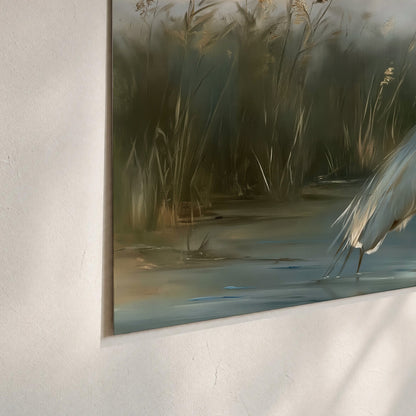 A white heron beside tall marsh grasses and still blue water set of 3 poster prints material and edge close up