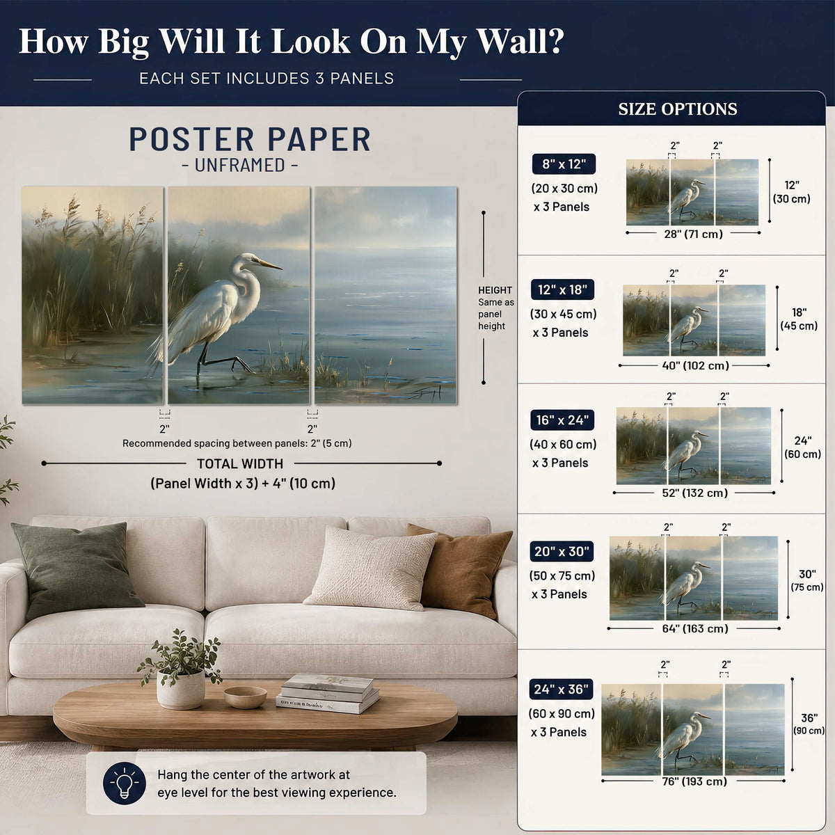 A white heron beside tall marsh grasses and still blue water set of 3 poster prints size guide above a sofa; room view is illustrative