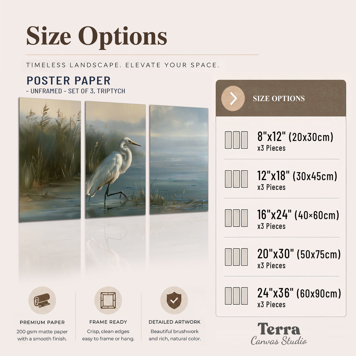 A white heron beside tall marsh grasses and still blue water set of 3 poster prints available dimensions; triptych dimensions are per panel